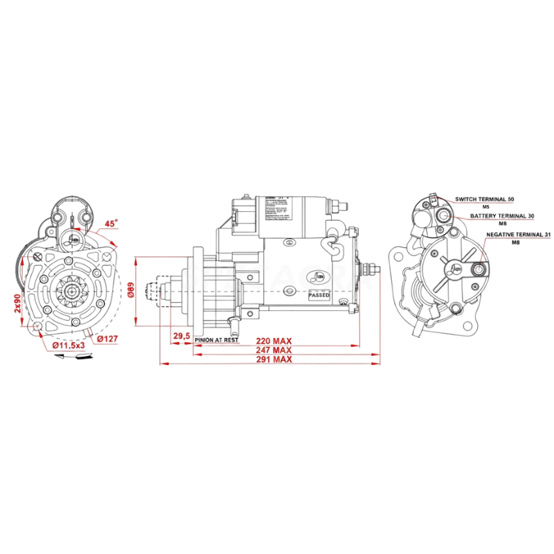 Starteris su redukt 12V 3,2kW Case, MF, Perkins 3